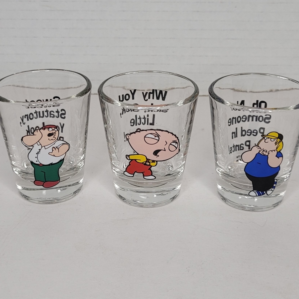 Lot of Three Family Guy Shot Glasses Peter Stewie and Chris Griffin Excellent